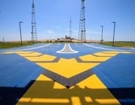 Blue and yellow painted landing strip